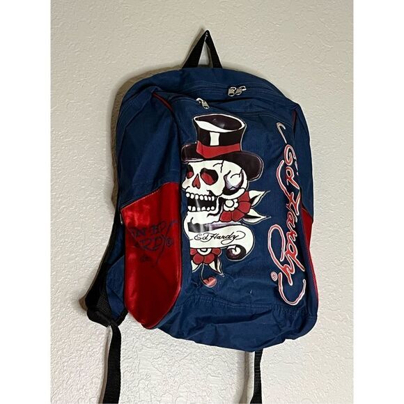 Ed Hardy Designs Rare Backpack Red Blue Skull Top hat Y2k 14x12x6